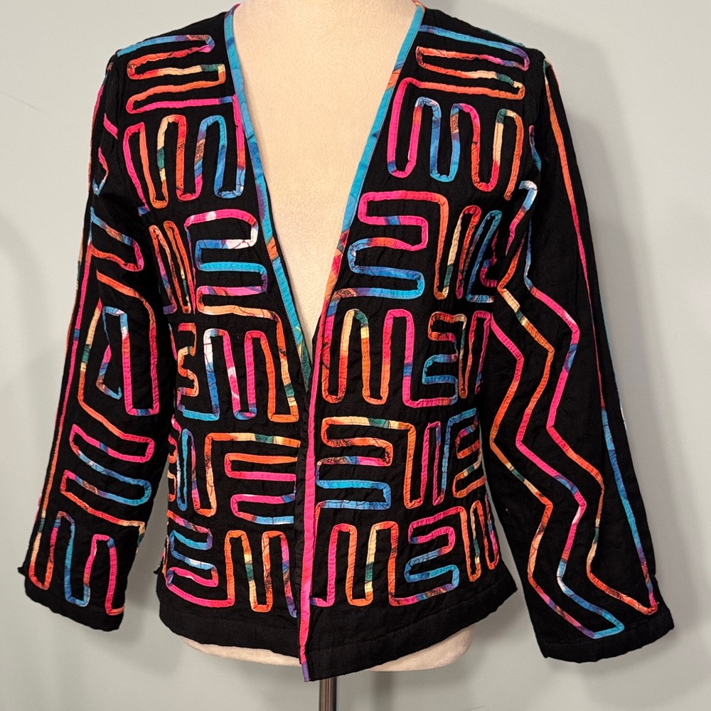 Vintage style Mirasol Black Multicolor Embroidered ribbon stitch blazer Size M